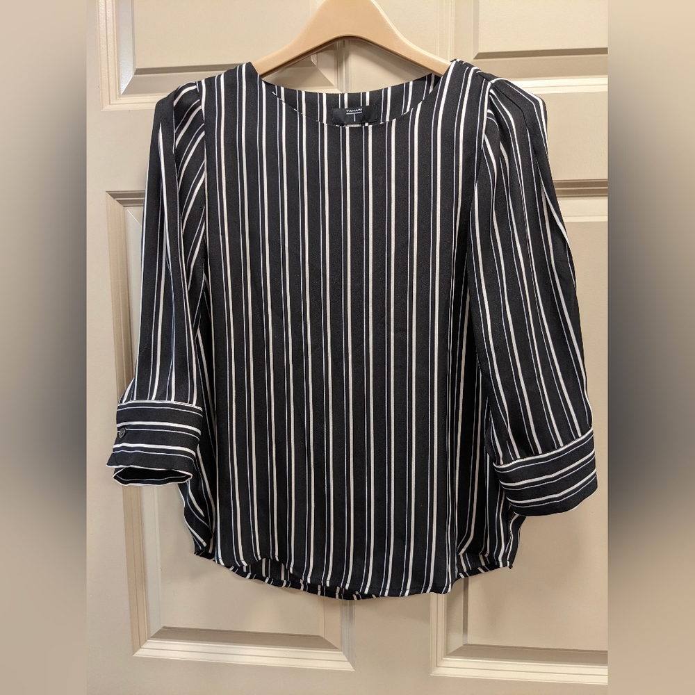 Tahari Elegant Black and White Striped Blouse - Size XS